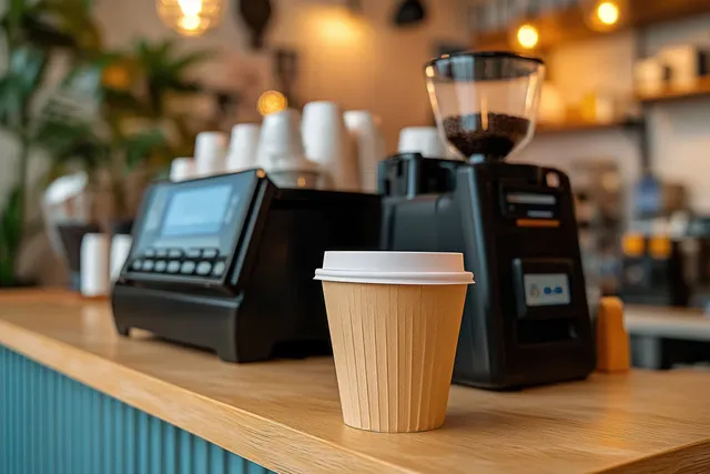 Disposable coffee cup with a white lid on a wooden counter with espresso machines softly blurred behind it.