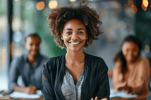 A smiling African businesswoman welcomes colleagues in a softly lit office meeting with blurred teammates behind her.