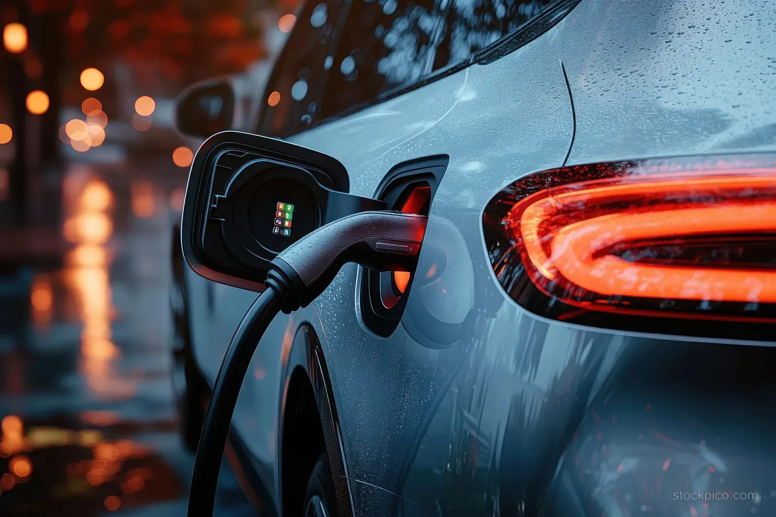 Electric car charging cable plugged into the charging port beside glowing taillights at night.