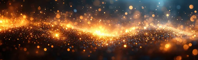 Golden bokeh lights and sparkles create a glowing abstract Christmas background with warm light flare.