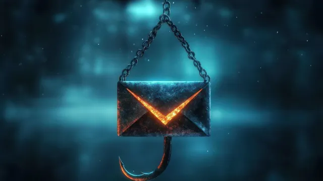 Fishing hook catches an email envelope in blue cyber warning light