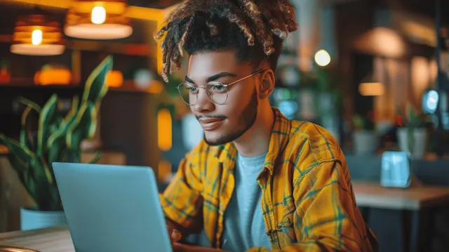 Smiling young woman working on a laptop at a cafe table with warm lights with Education And Study