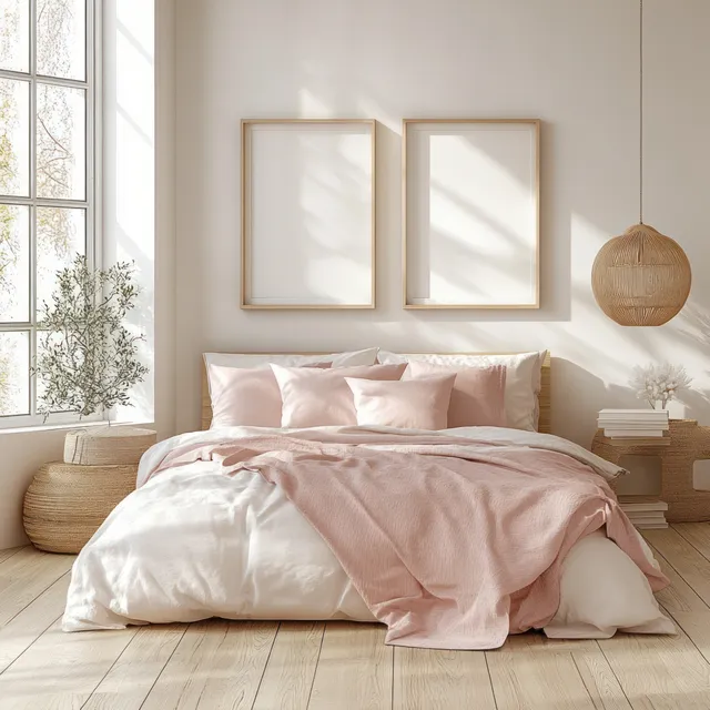 Minimalist bedroom interior with unfilled vertical frame posters above a neatly made bed