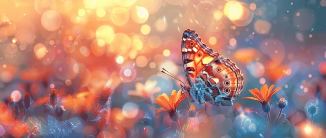 Colorful butterfly perched on orange and blue wildflowers with sunrise bokeh lights in the background.