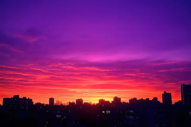 City skyline silhouette against a vivid orange, pink, and purple sunset sky with dramatic clouds.