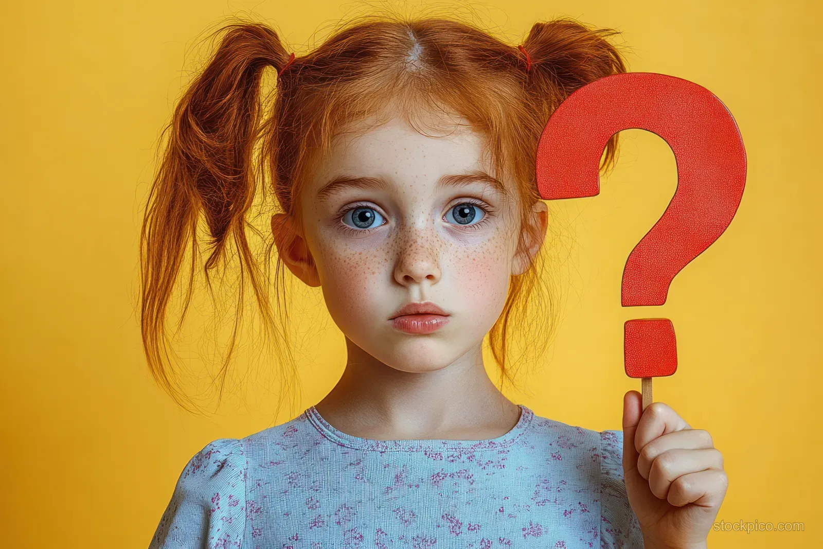 A red-haired child in pigtails holds a large red question mark against a bright yellow background, expressing curiosity and confusion.