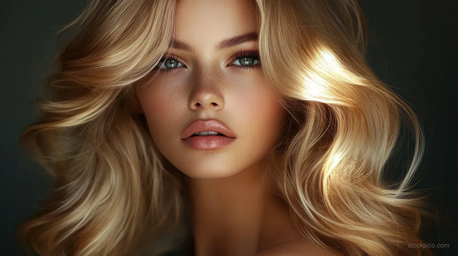 Blonde woman in close-up portrait with wavy hair, dramatic chiaroscuro lighting, and soft studio background.