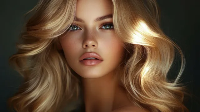 Close-up blonde woman portrait with wavy hair under dramatic chiaroscuro studio lighting