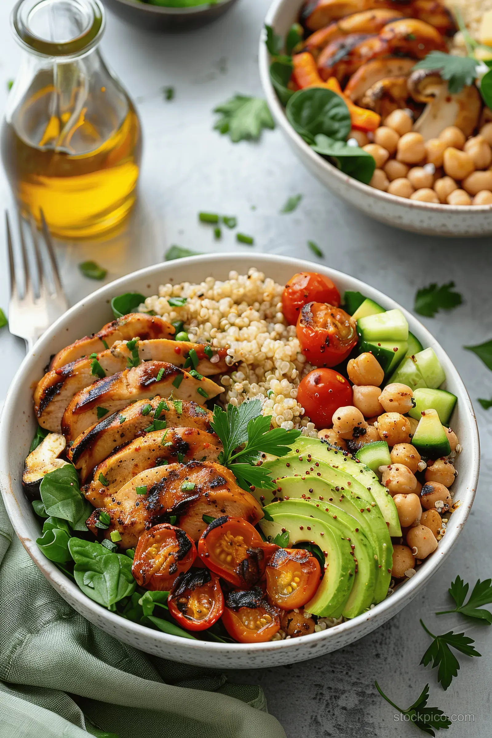 Chicken and quinoa bowl topped with avocado and chickpeas sits on a light table with roasted vegetables and herbs.