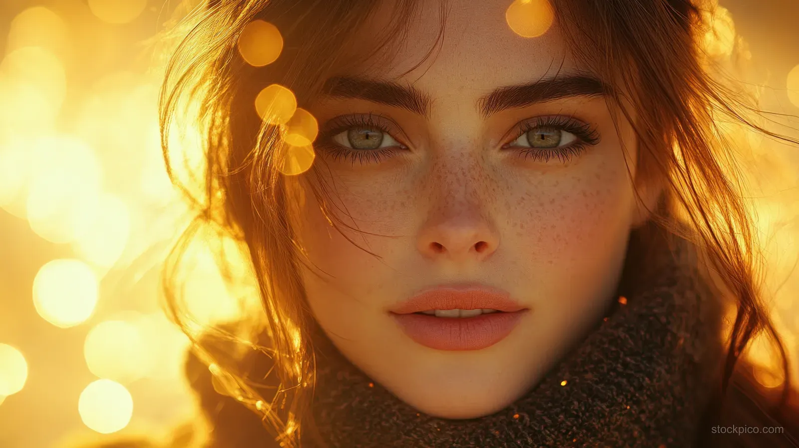 Woman applies gold eye makeup with a brush, focusing on eyelid and eyelashes amid warm golden bokeh lighting.