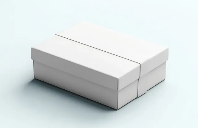 Minimal white cardboard box with blank label resting on a light background with soft shadow.
