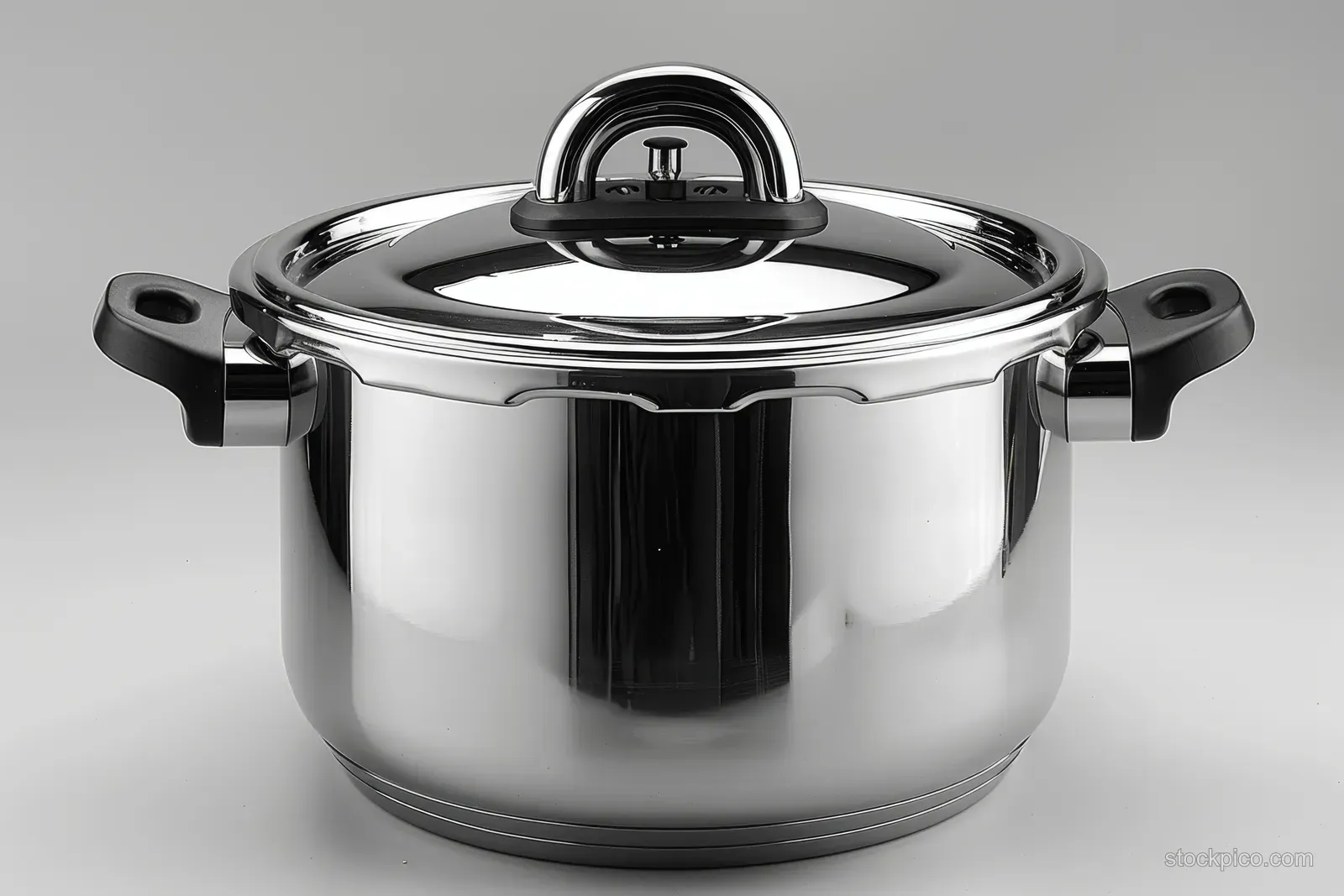 Stainless steel pressure cooker with black handles on a white background.