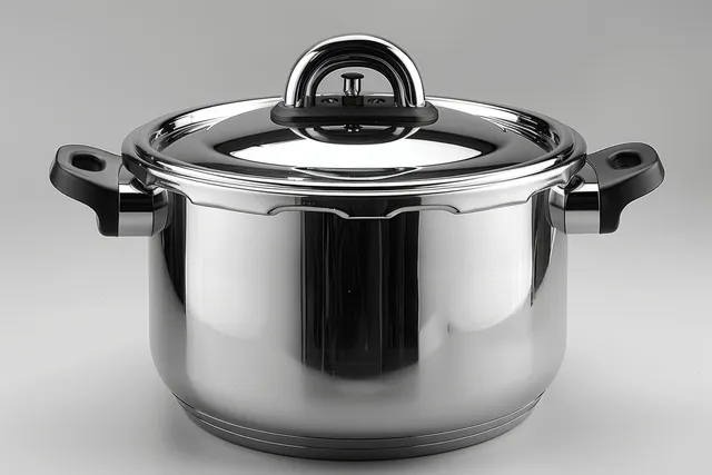 Stainless steel pressure cooker with black handles on a white background.