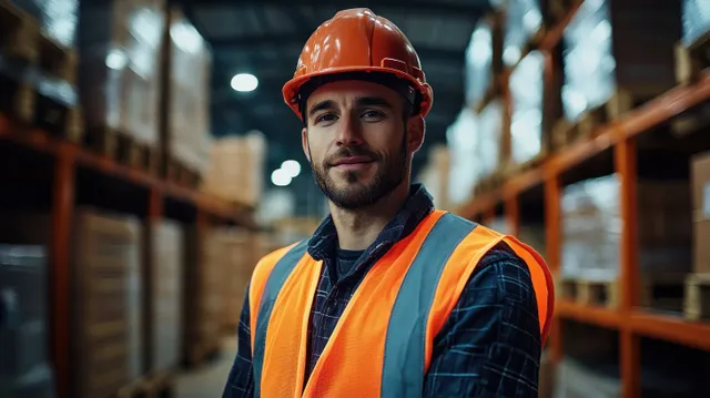 Warehouse worker in hard hat and reflective vest near tall racking at night