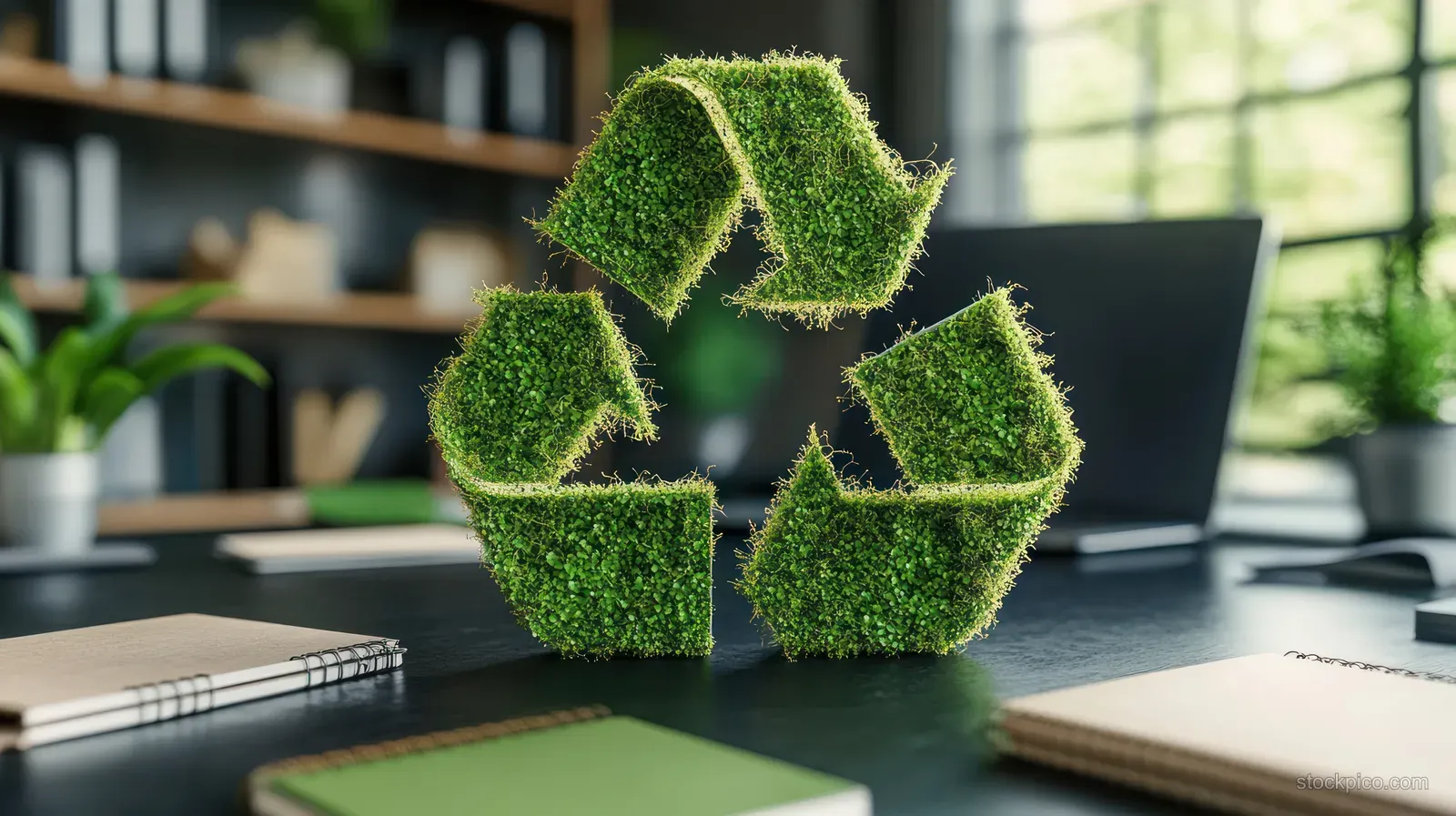 Green grass recycling symbol on an office desk next to notebooks and a laptop in a sunlit workspace.