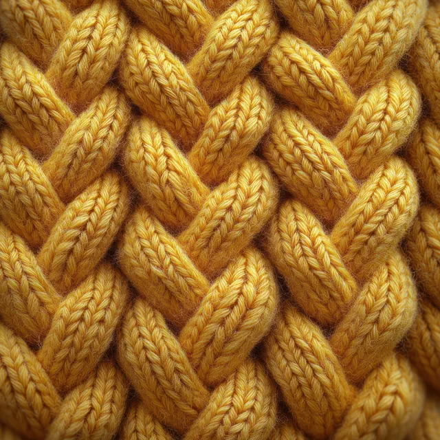 Bright yellow knitted towel texture pattern with looping cable stitches closeup