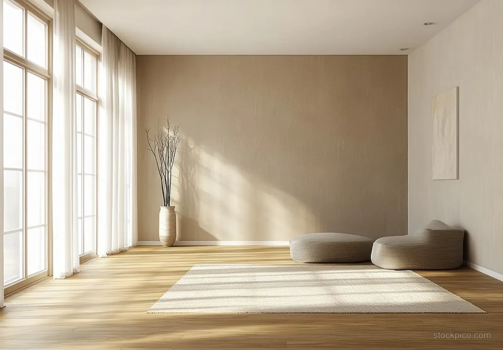 Sunlit minimalist Scandinavian living room with large windows, wooden parquet floor, and neutral furniture silhouettes.