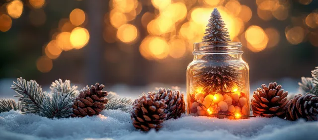 A mini frosted Christmas tree in snow beside a glowing lantern with warm bokeh lights and pine cones.