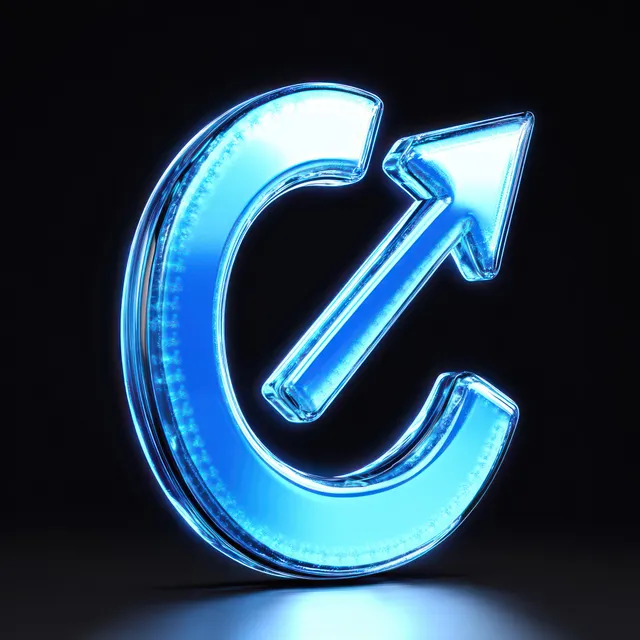 Glowing blue glass percent sign and rising arrow in a dark 3D background.