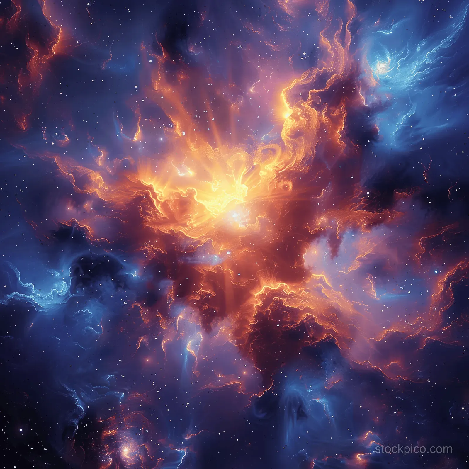 A glowing nebula explosion spreads colorful clouds and sparks of stars through deep space.