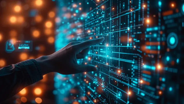 Gloved hands navigating a glowing critical path project diagram on a digital screen