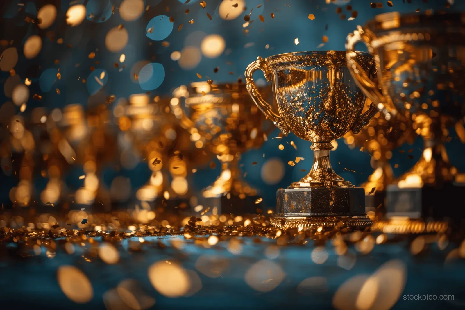 Golden trophy cup surrounded by glittering confetti and blurred golden bokeh lights on a dark blue background.