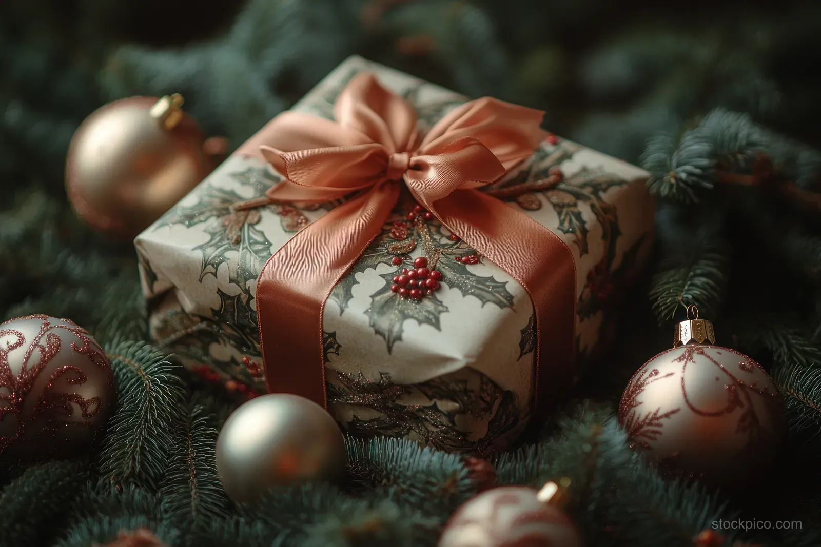 Wrapped Christmas gift with a copper bow on pine needles surrounded by festive ornaments and warm lighting.