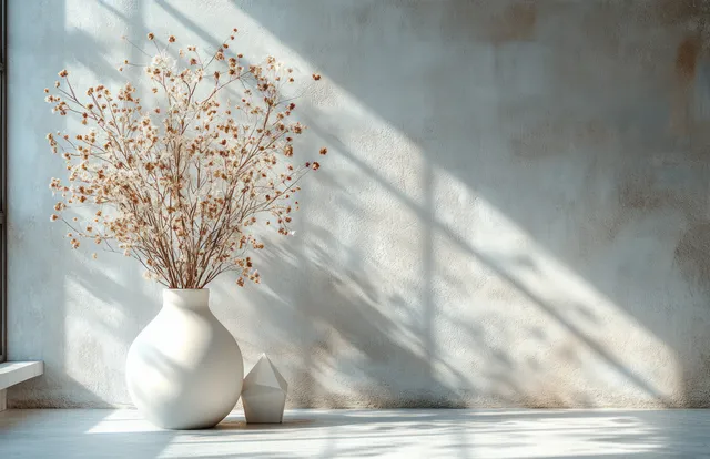 White vase with dried flowers sits against a light gray wall beside a blank canvas under angled sunlight shadows.