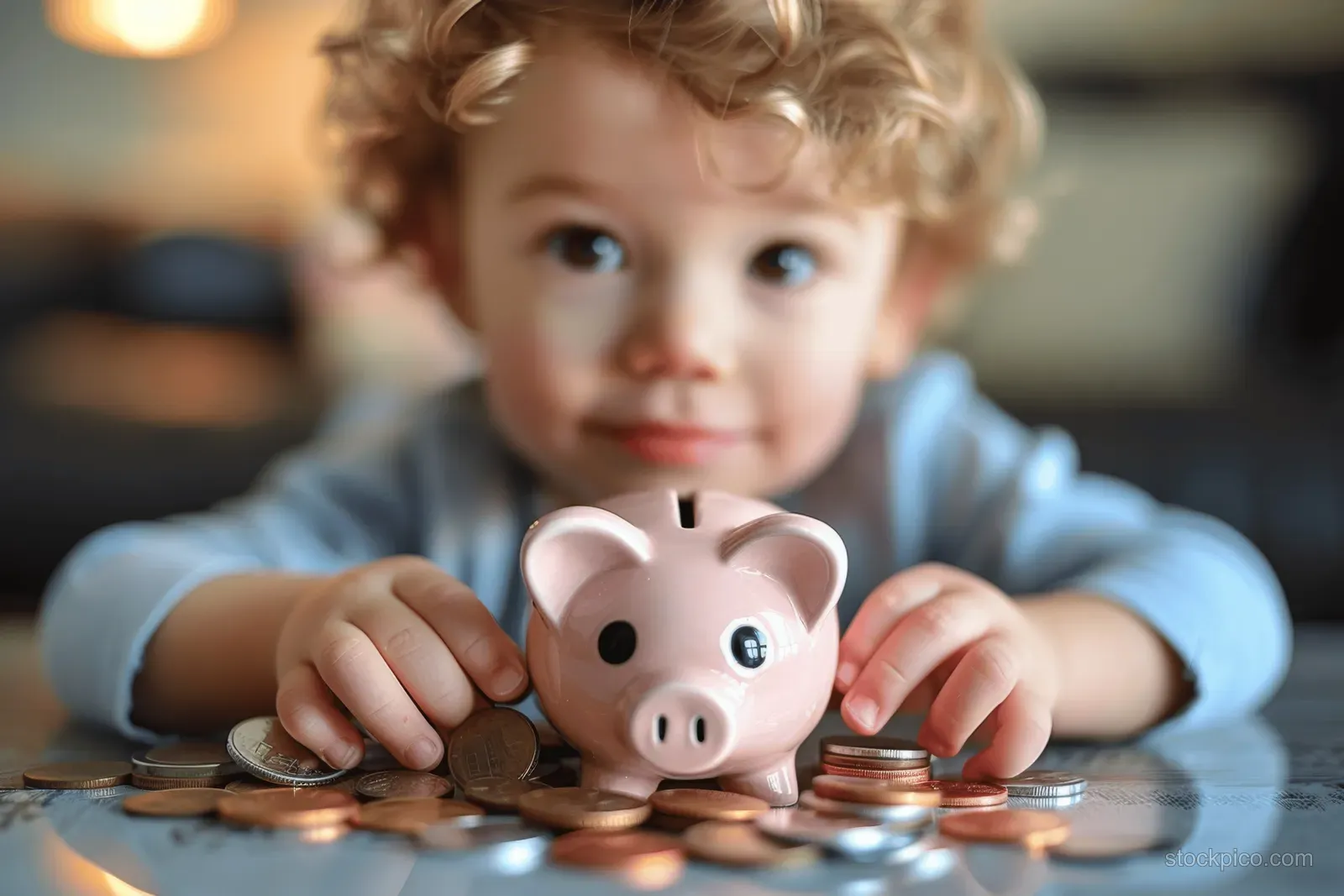 Child placing coins into a pink piggy bank on a wooden table.