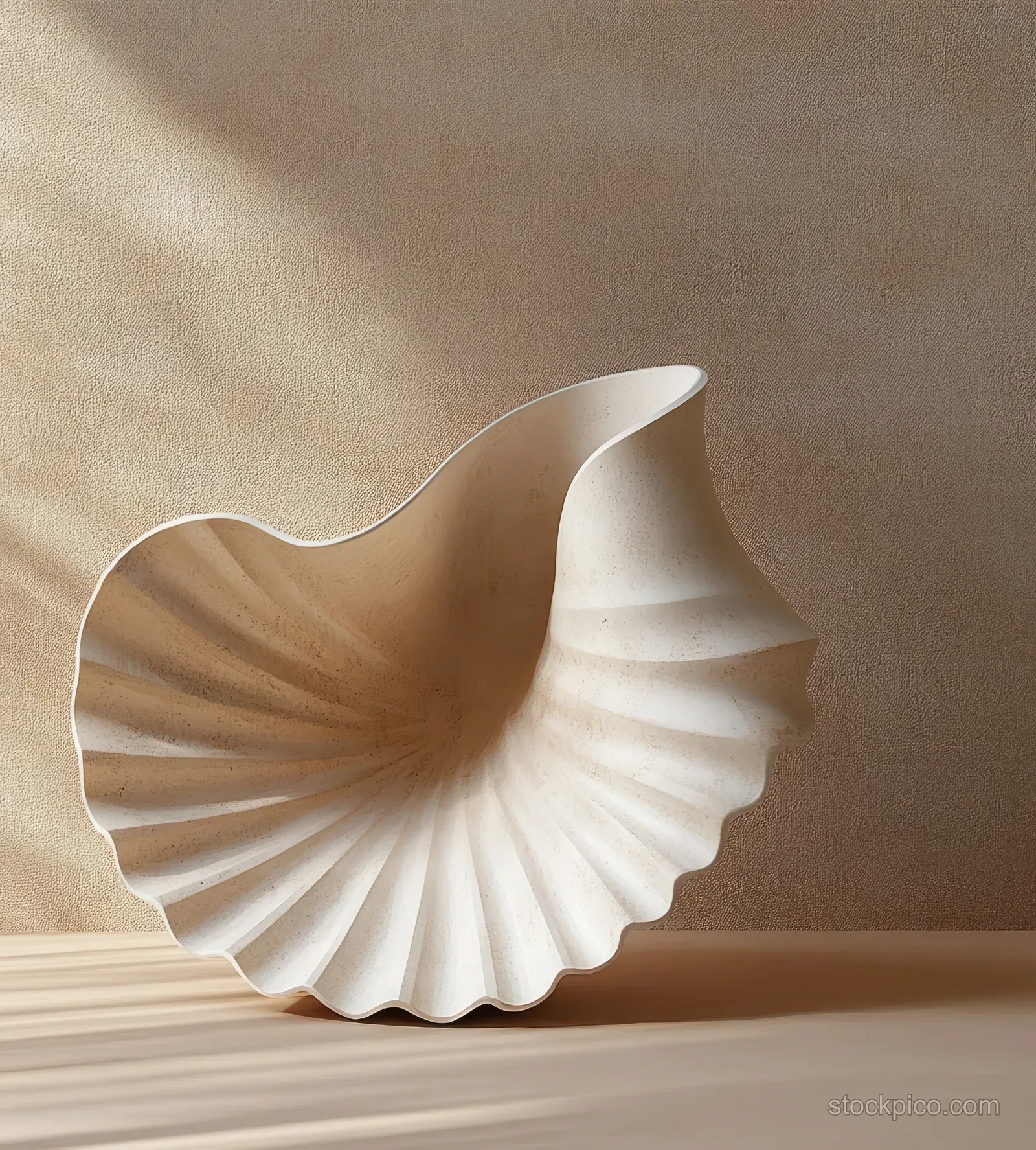 White seashell sculpture placed on a beige pedestal with soft neutral background and open space.