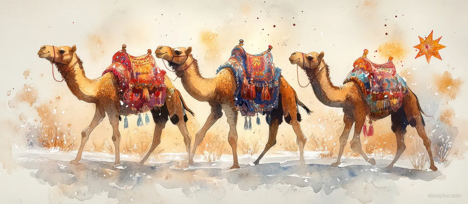 Three decorated camels walk across a snowy winter scene with a glowing star.