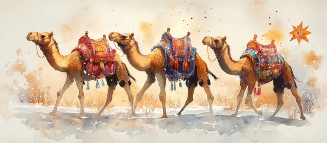 Three camels walking through a snowy Christmas watercolor landscape