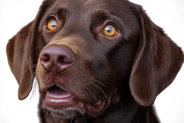Close-up chocolate Labrador with amber eyes looking up, mouth slightly open