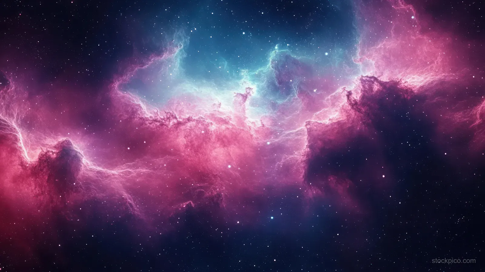 Swirling pink and blue nebula gas glows across a dark deep-space scene filled with distant stars.