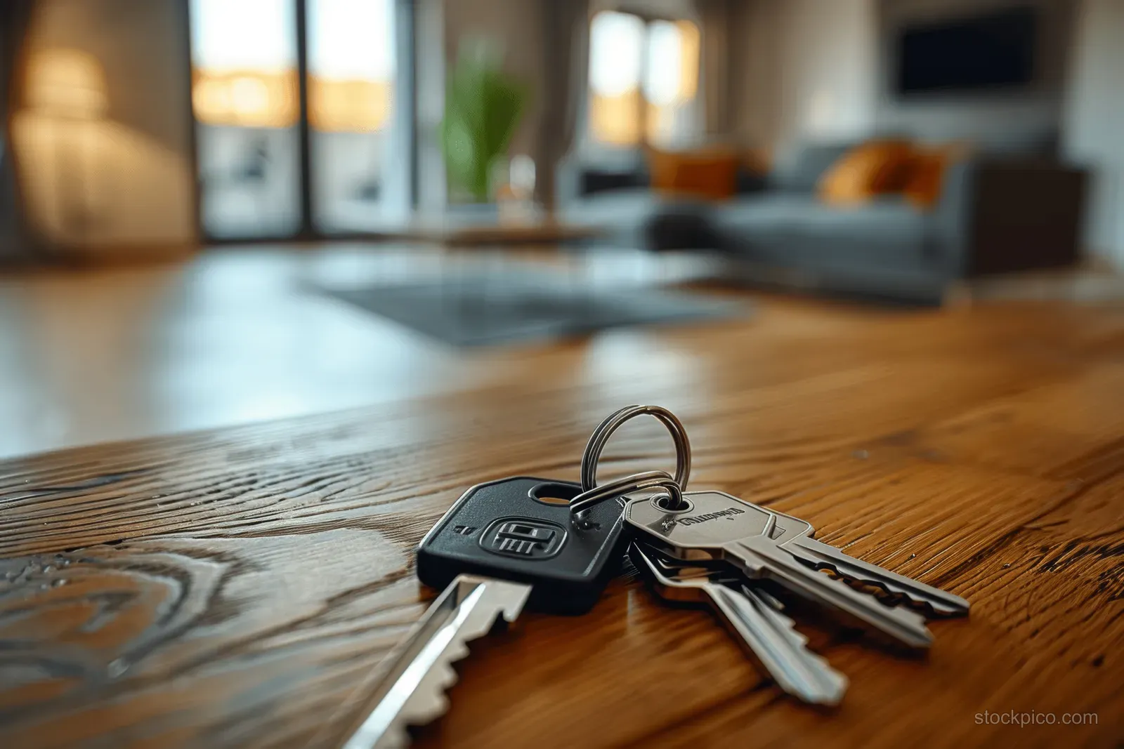 Keys with a keychain rest on a wooden table while the apartment living room stays softly blurred behind.