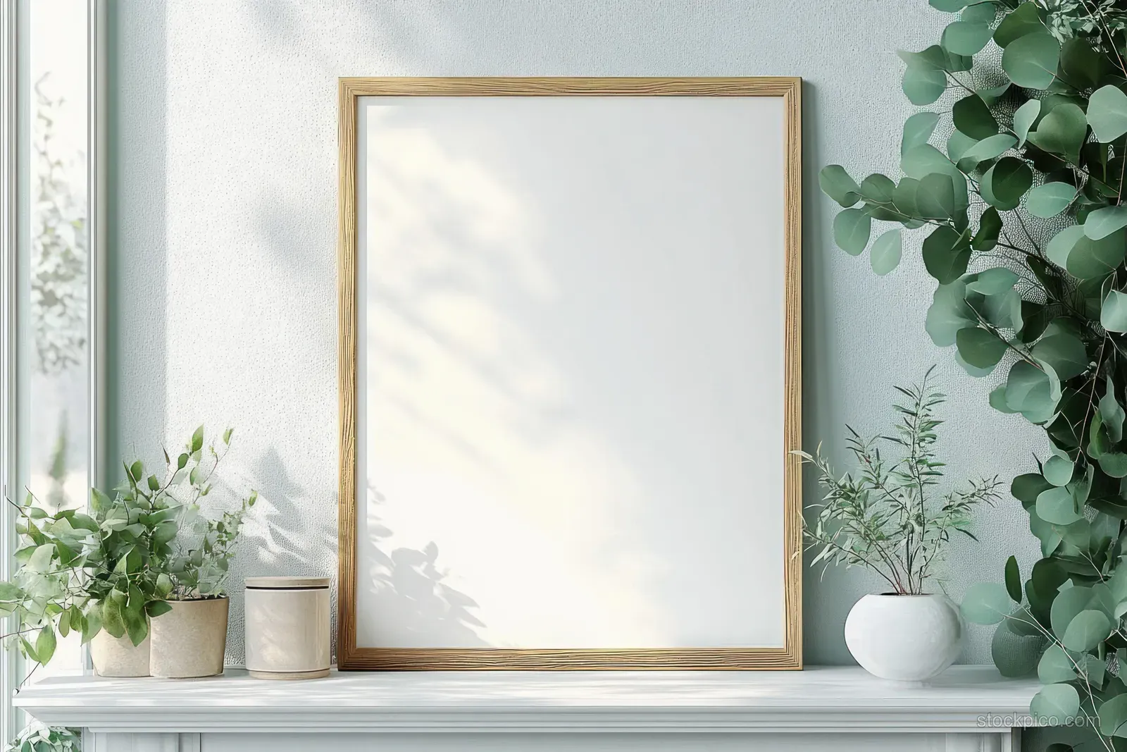 A blank wooden picture frame stands on a white mantel with eucalyptus leaves and potted plants beside it.