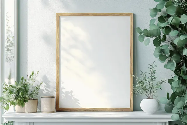 Minimalist blank wooden picture frame on white mantel with eucalyptus leaves and soft sunlight