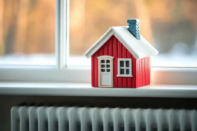 Small red toy house with blue chimney on a windowsill over a radiator in warm sunlight