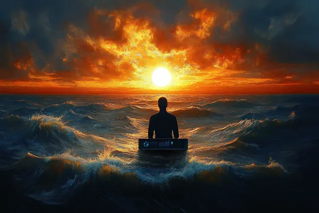 Silhouette person holds a glowing keyboard while standing in turbulent ocean waves under a fiery sunset sky.