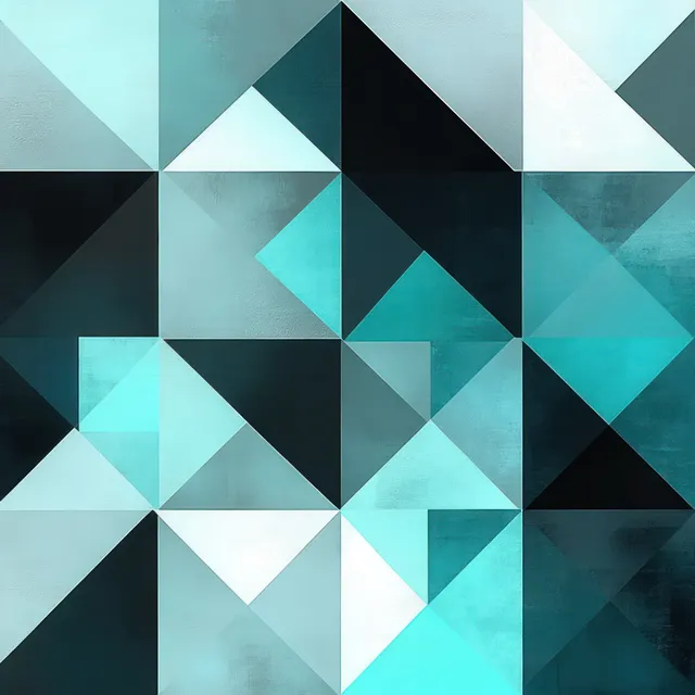 Triangular geometric mosaic background with blue and teal blocks and sharp black contrasts