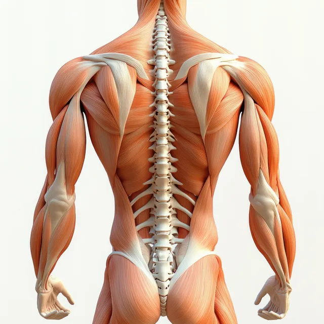 Posterior view anatomical illustration of the spine and erector spinae muscles in the upper back with detailed vertebrae.