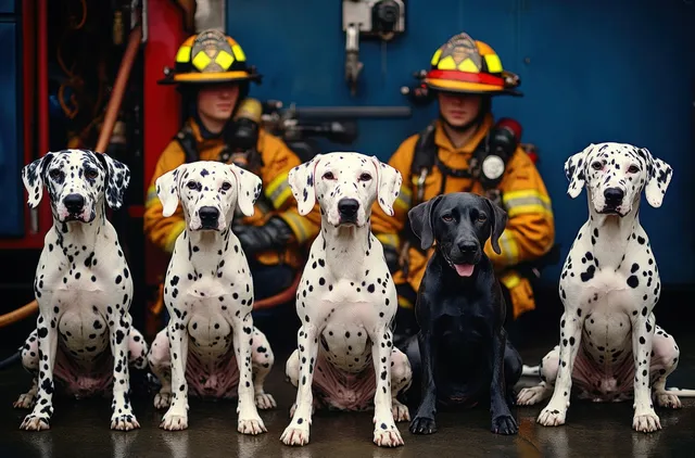 Four Dalmatian dogs and one black dog sit calmly in front of two firefighters in yellow helmets inside a fire station.