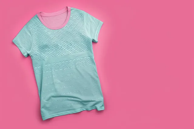 Aquamarine diamond-pattern T-shirt laid flat on a pink background in a top view.