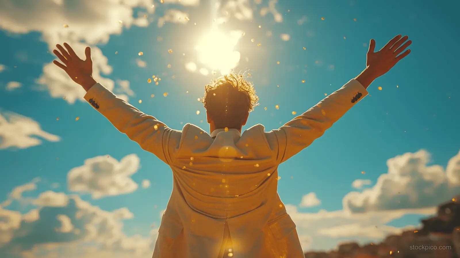 A man raises his arms in celebration as sunlight and confetti fill the sky behind him.