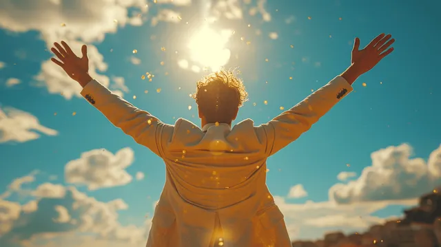 A man raises his arms in celebration as sunlight and confetti fill the sky behind him.