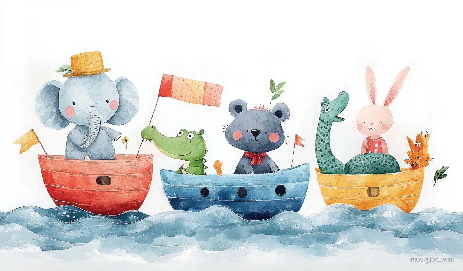 Elephant, bear, rabbit, and crocodile sit on colorful boats floating on blue ocean waves.