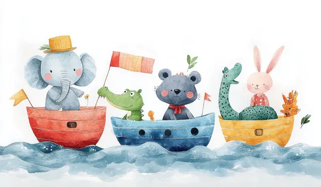 Cute zoo animals sail on colorful boats across ocean waves, playful kids illustration