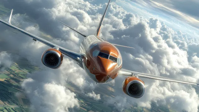 Low-angle view of a commercial jet climbing with landing gear visible and glowing engine details above billowing clouds.