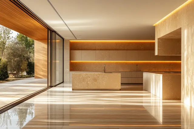 Minimalist kitchen-dining interior with empty wall, warm lighting, and wood cabinetry