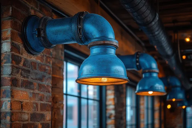 Blue ventilation ducts and elbows run along a brick wall under warm hanging industrial lights.